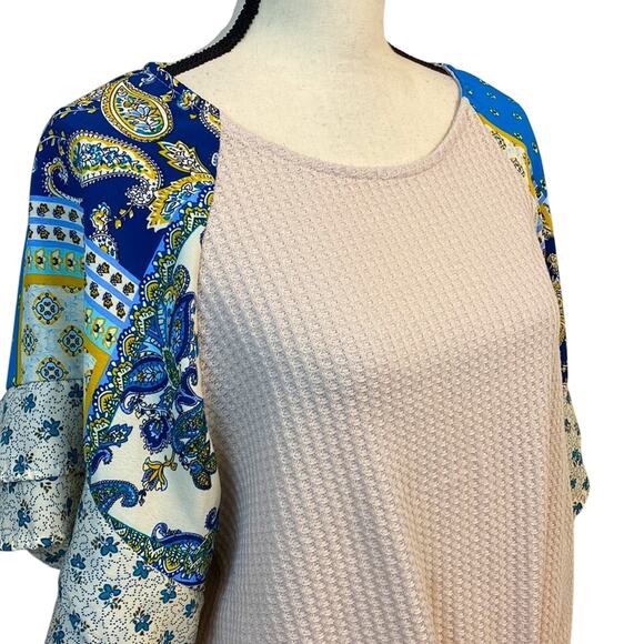 Umgee Mixed Media Waffle Knit and Ruffle Sleeve Boho Top Size Medium - Picture 3 of 7